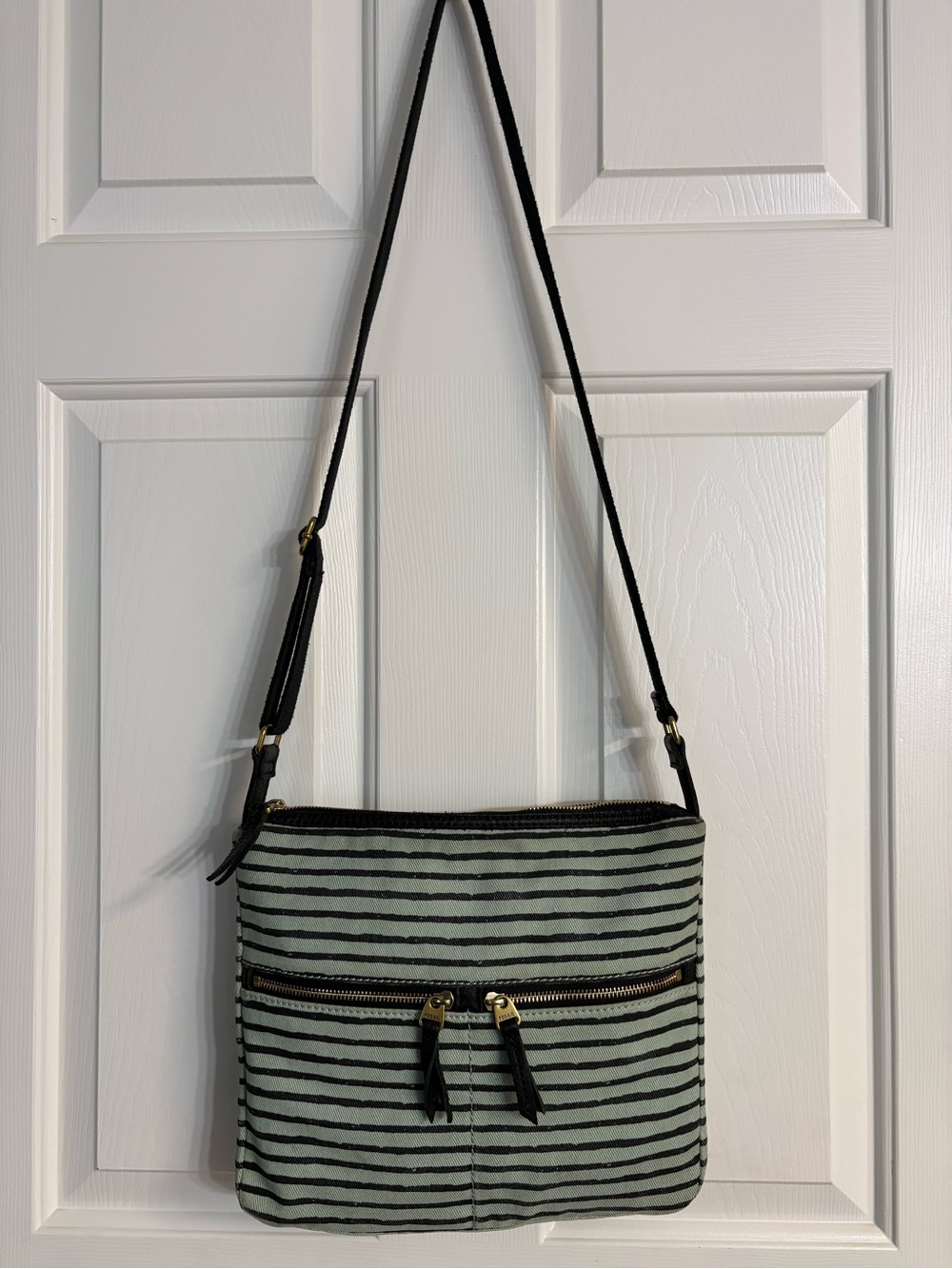 Fossil “Erin” Black and Mint Green Striped Canvas Crossbody Bag